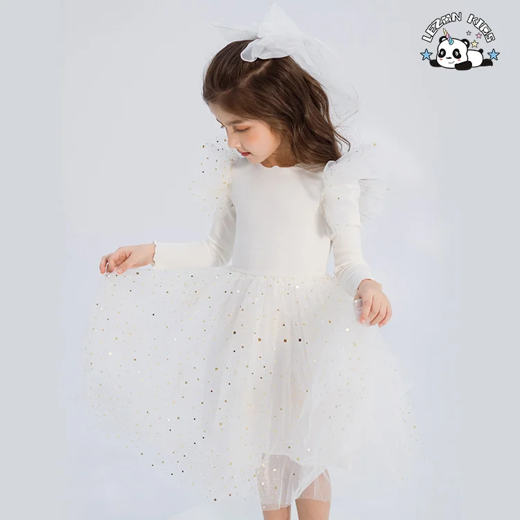 LEZONKIDS - Customizable Chic Ruffle Sleeve Long Sleeves Dress Girls Costume Gold Foil Print Tulle Dress for Girl